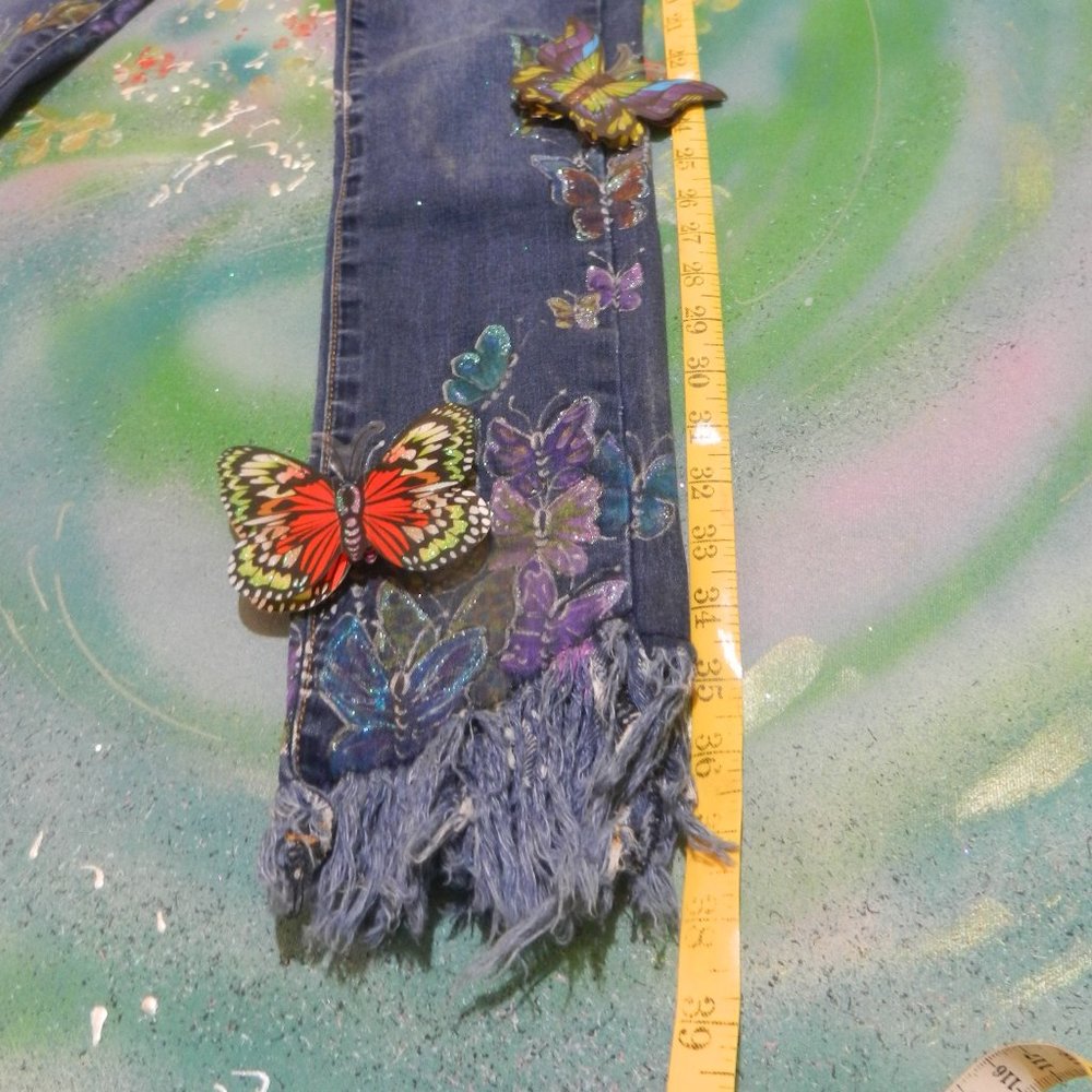 OOAK Metamorphosis butterfly statement jeans hand painted artisan denim SMALL - Picture 9 of 16